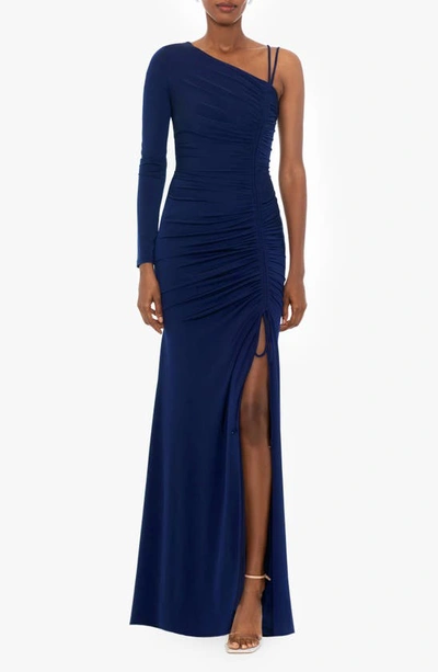 Xscape One-shoulder Long Sleeve Cinched Gown In Navy