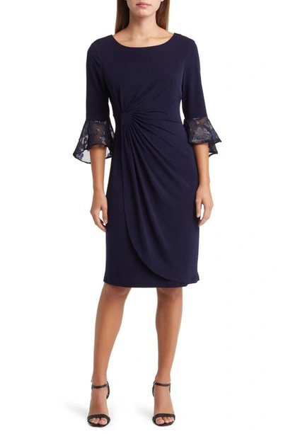 Connected Apparel Long Sleeve Faux Wrap Cocktail Dress In Midnight