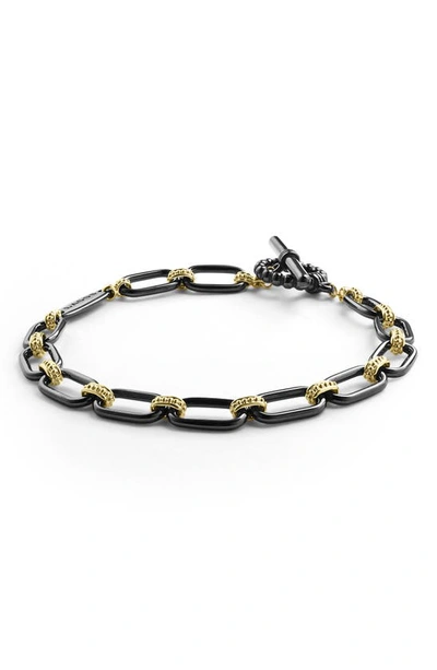 Lagos Signature Caviar Ceramic Link Bracelet In Black/gold