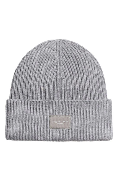 Rag & Bone Blake Logo Patch Wool Blend Rib Beanie In Grey