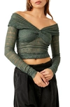 Free People Hold Me Closer Lace Off The Shoulder Crop Top In Green