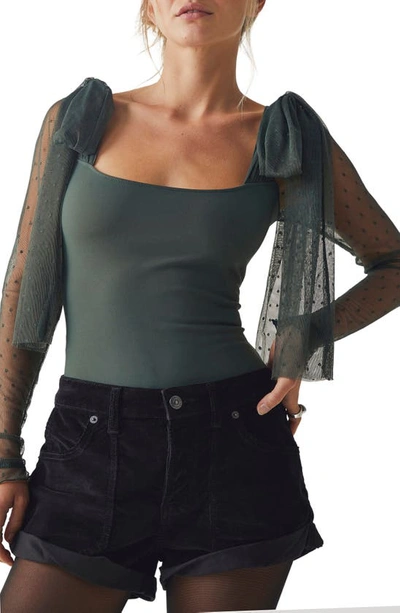 Free People Tongue Tied Mesh Sleeve Tie Shoulder Bodysuit In Green