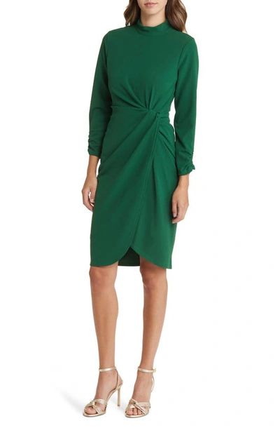 Tahari Asl Side Ruched Long Sleeve Sheath Dress In Forest