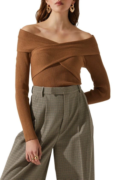 Astr Zayla Crossover Off The Shoulder Rib Sweater In Brown