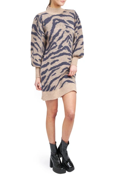 En Saison Mares Animal Pattern Long Sleeve Mock Neck Sweater Dress In Multi