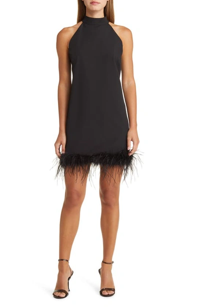 Sam Edelman Halter Neck Feather Trim Cocktail Dress In Black