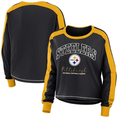 Wear By Erin Andrews Black/gold Pittsburgh Steelers Color Block Modest Crop Long Sleeve T-shirt