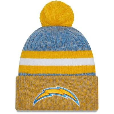 New Era Powder Blue/gold Los Angeles Chargers 2023 Sideline Sport Cuffed Pom Knit Hat