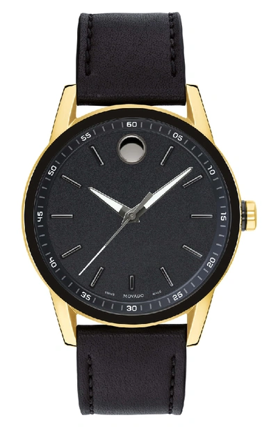 Movado Leather Strap Watch, 42mm In Black/ Gold