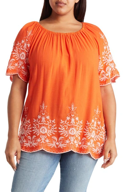 Forgotten Grace Embroidered Trim Peasant Tunic Top In Coral/white