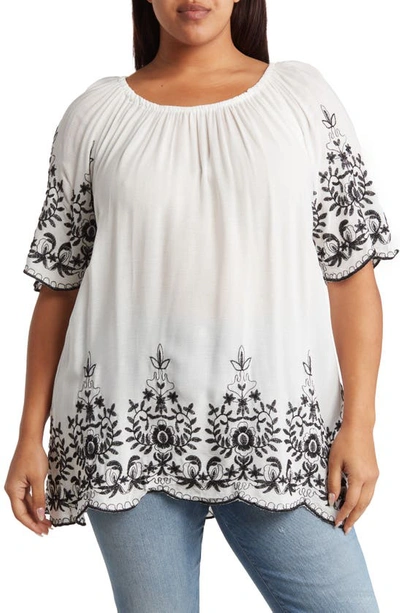 Forgotten Grace Embroidered Trim Peasant Tunic Top In White/black
