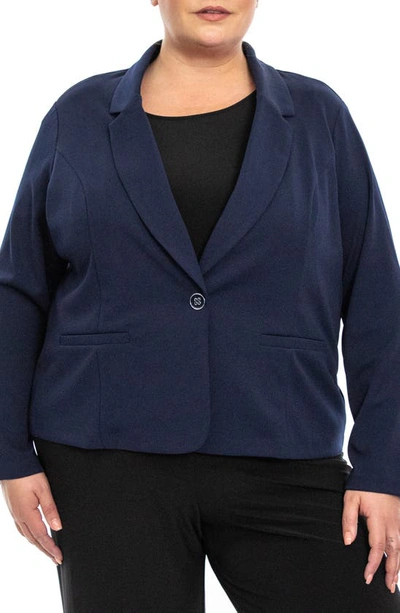 Nina Leonard One Button Notch Lapel Crop Blazer In Navy