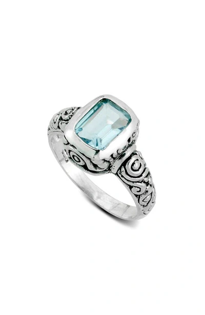 Samuel B. Emerald Cut Blue Topaz Filigree Ring