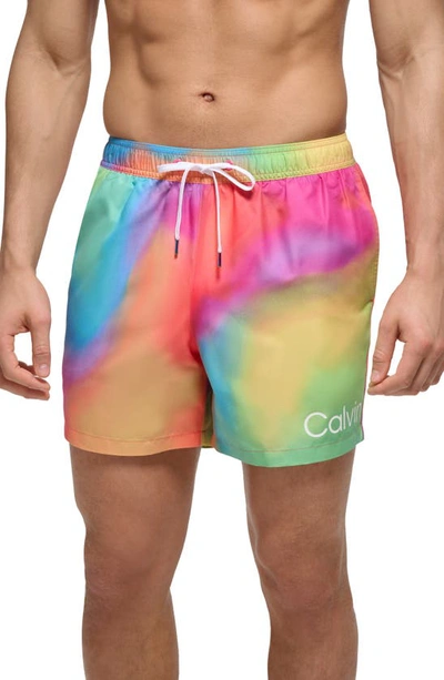 Calvin Klein Solid Core Swim Trunks In Holographic