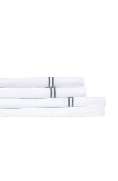 Melange Home White Queen Linen 2 Stripe Embroidered Sheet 4-piece Set In Grey On White