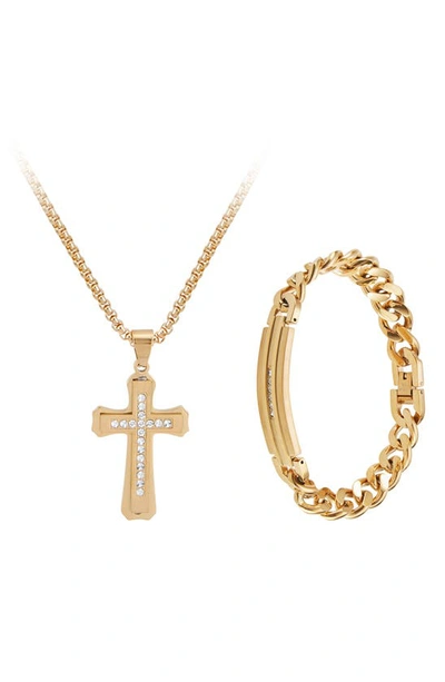 American Exchange Goldtone Plated Stainless Steel Diamond Cross Necklace & Bracelet 2-piece Set In Gold/silver