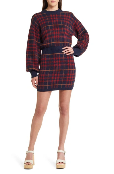 En Saison Bronte Plaid Long Sleeve Sweater Minidress In Navy