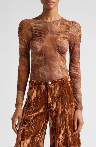 Collina Strada Arc Ruched Long Sleeve Mesh Top In Brown Fur