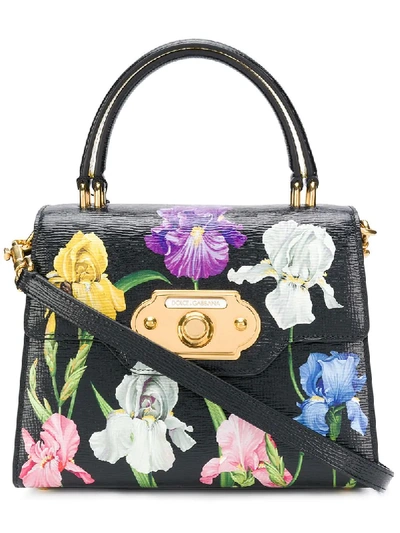 Dolce & Gabbana Welcome Handbag In Iris Print Hand-grained Calfskin In Black