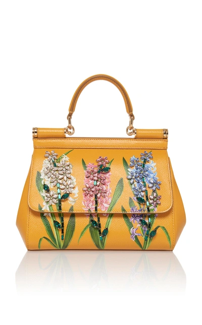 Dolce & Gabbana Sicily Handbag In Printed Dauphine Calfskin With Embroideries In Yellow