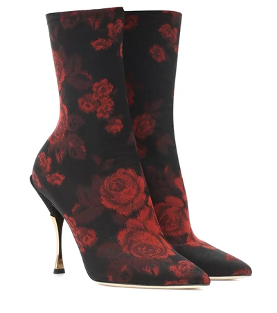 Dolce & Gabbana 105mm Floral Stretch Jersey Ankle Boots In Red