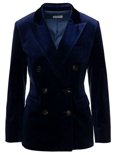 Alberto Biani Blue Double-breasted Jacket With Peaked Revers In Stretch Cotton Velvet Woman