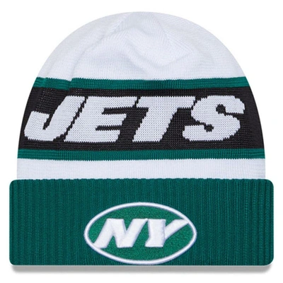 New Era Men's  White, Green New York Jets 2023 Sideline Tech Cuffed Knit Hat In White,green