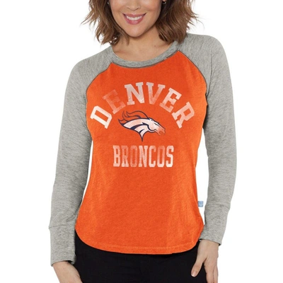 G-iii 4her By Carl Banks Women's  Orange, Heather Gray Distressed Denver Broncos Waffle Knit Raglan L In Orange,heather Gray