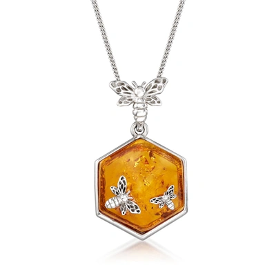 Ross-simons Amber Honeycomb And Bumblebee Pendant Necklace In Sterling Silver In Orange
