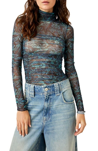 Free People Under It All Ruched Mesh Turtleneck Bodysuit In Southwest Combo