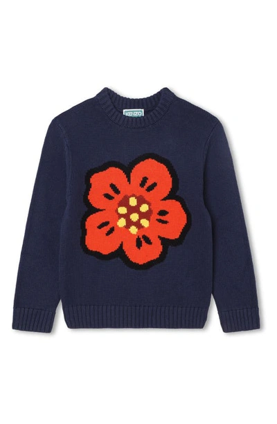 Kenzo Kids' Boke Flower Crewneck Cotton & Wool Blend Sweater In Blue