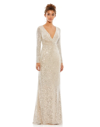 Ieena For Mac Duggal Sequined Faux Wrap Long Sleeve Column Gown In Nude Silver