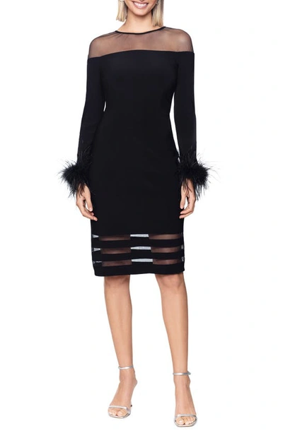 Betsy & Adam Illusion Neck Feather Cuff Long Sleeve Sheath Cocktail Dress In Black