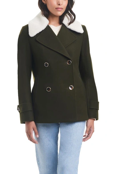 Sanctuary Wool Blend Coat With Removable Faux Shearling Collar In Olive