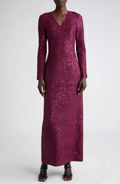 St John V-neck Long Sleeve Sequin Column Gown In Mulberry