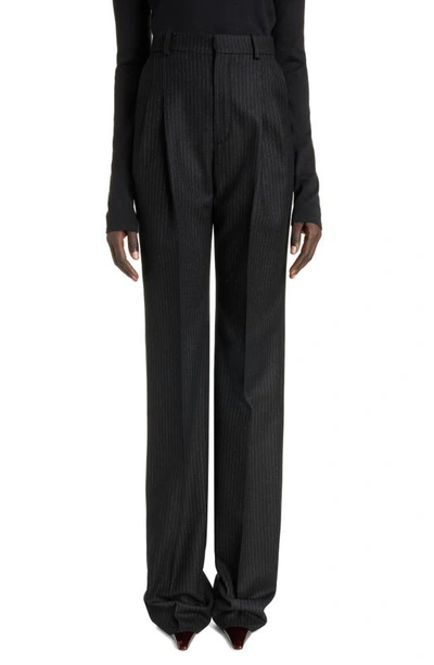 Saint Laurent Pinstripe Pleated Wool & Cotton Wide Leg Trousers In Noir/ Craie