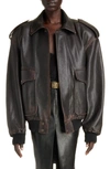 Saint Laurent Oversize Lambskin Leather Bomber Jacket In Reglisse/ Auburn