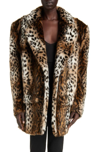 Saint Laurent Leopard Print Faux Fur Jacket In Fauve