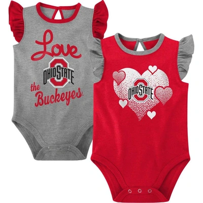 Outerstuff Babies' Girls Newborn & Infant Scarlet/gray Ohio State Buckeyes Spread The Love 2-pack Bodysuit Set In Scarlet,gray