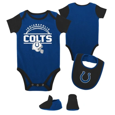 Outerstuff Babies' Newborn & Infant Royal/black Indianapolis Colts Home Field Advantage Three-piece Bodysuit, Bib & Boo In Royal,black