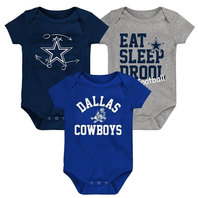 Outerstuff Babies' Newborn & Infant Navy/royal/heather Gray Dallas Cowboys Three-pack Eat, Sleep & Drool Retro Bodysuit In Navy,royal,heather Gray