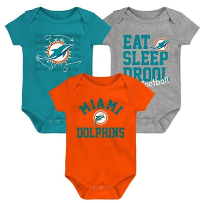 Outerstuff Babies' Newborn & Infant Aqua/orange/heather Gray Miami Dolphins Three-pack Eat, Sleep & Drool Retro Bodysui