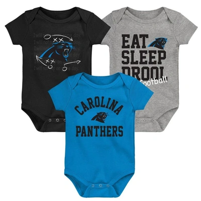 Outerstuff Babies' Newborn & Infant Blue/black/heather Gray Carolina Panthers Three-pack Eat, Sleep & Drool Retro Bodys