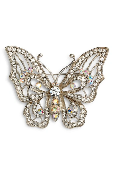 Nina Silver-tone Crystal Open Butterfly Pin In Rhdm/white