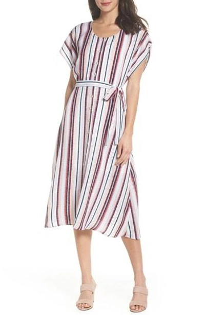 Charles Henry Belted Button Down Midi Dress In Multi Stripe