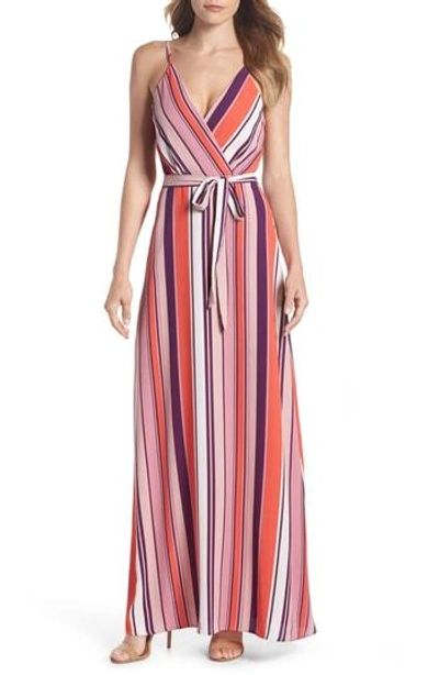Charles Henry Belted Cami Maxi Dress In Coral/ Blush/ Purple Stripe