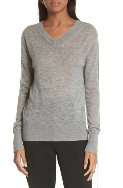 Helmut Lang Tie-cuff Sheer Cashmere V-neck Sweater In Shadow Grey