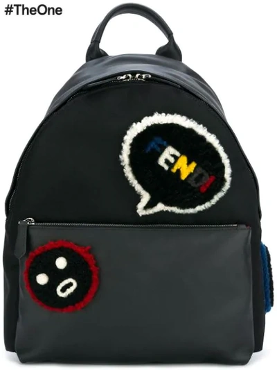 Fendi Black Shearling Patches Backpack In Multicolor