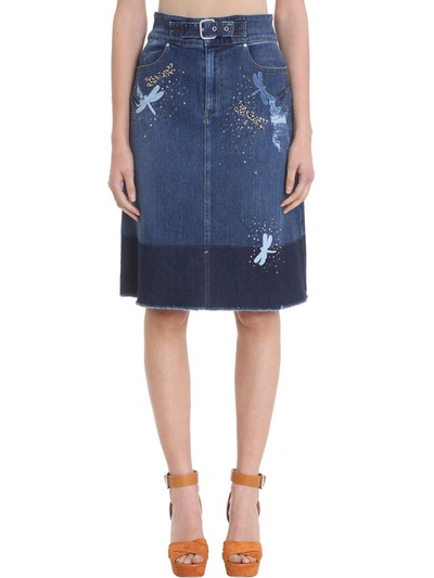 Red Valentino Blue Denim Skirt With Dragonfly Patches Skirt