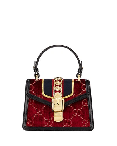 Gucci Sylvie Mini Velvet Gg Top-handle Bag In Red